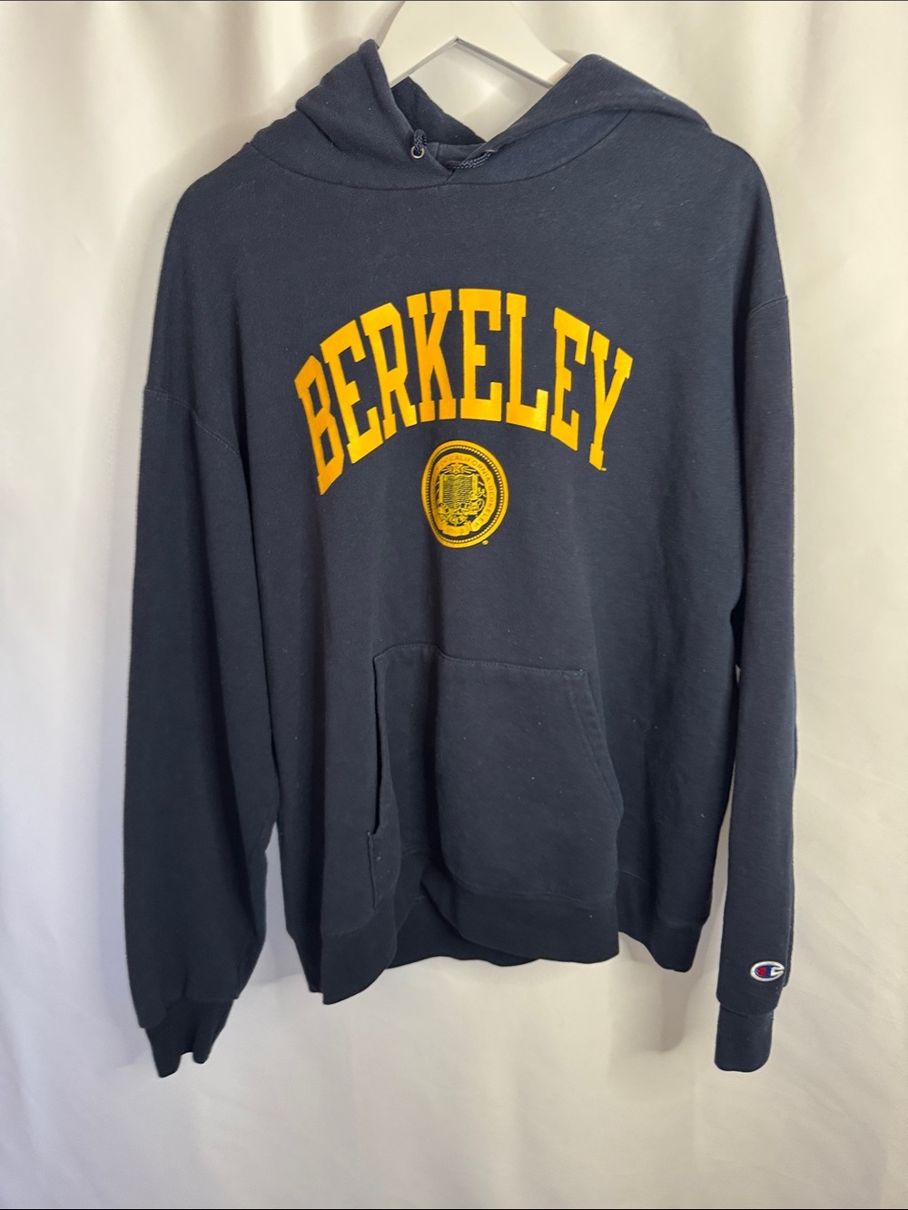 Champion Navy Hoodie with Gold Berkeley Arch